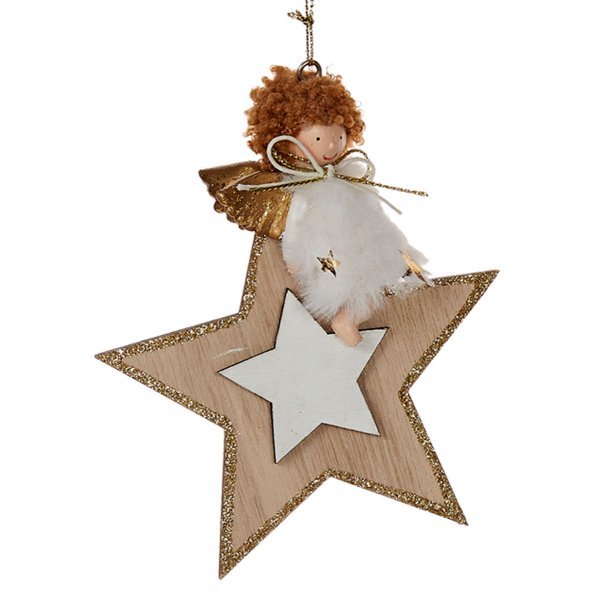 Χριστουγεννιάτικo Ξύλινo Αστέρι με Αγγελάκι (12cm)
